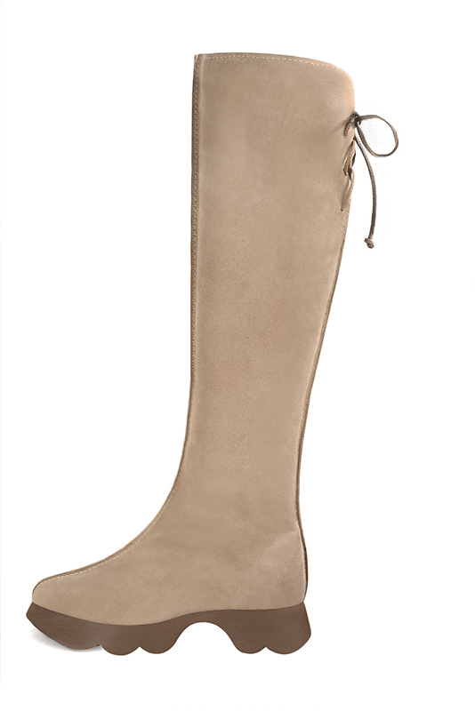 Biscuit beige women's knee-high boots, with laces at the back. Round toe. Low rubber soles. Made to measure. Profile view - Florence KOOIJMAN